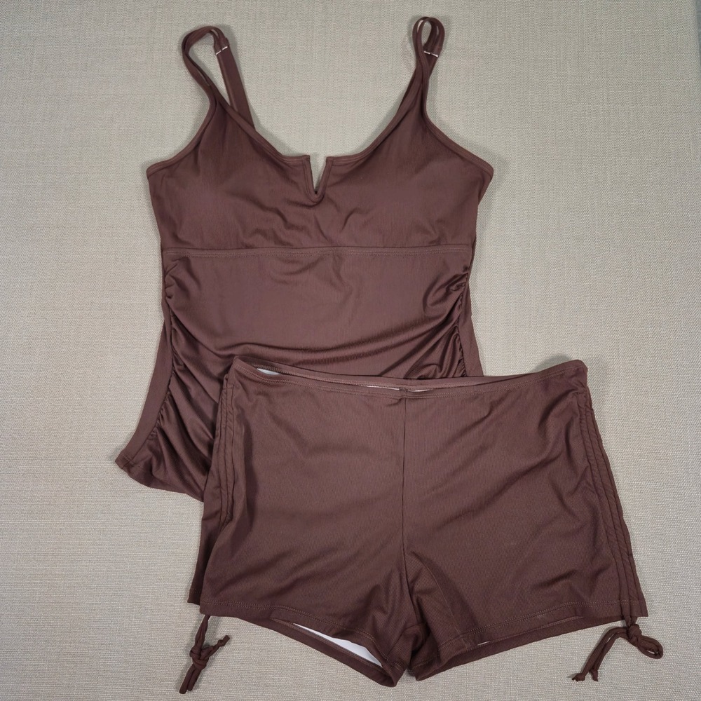 Zaful Brown Ribbed Tankini Swimsuit Set Tummy Control Boy Shorts XL NWT